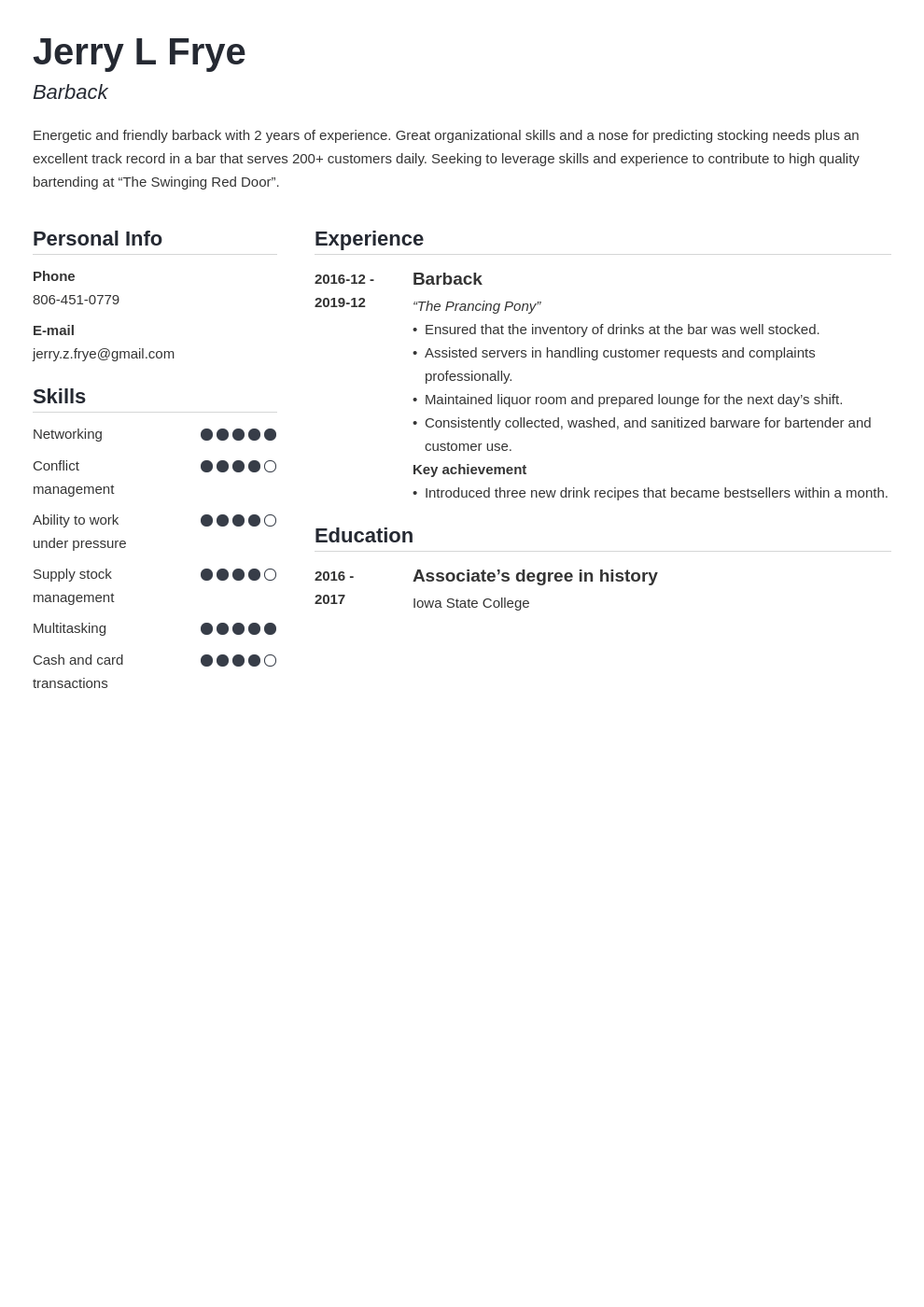 barback resume example template simple