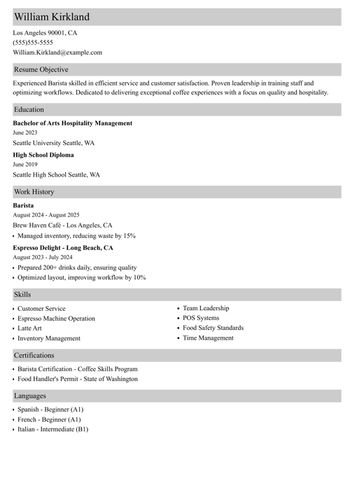 barista resume templates
