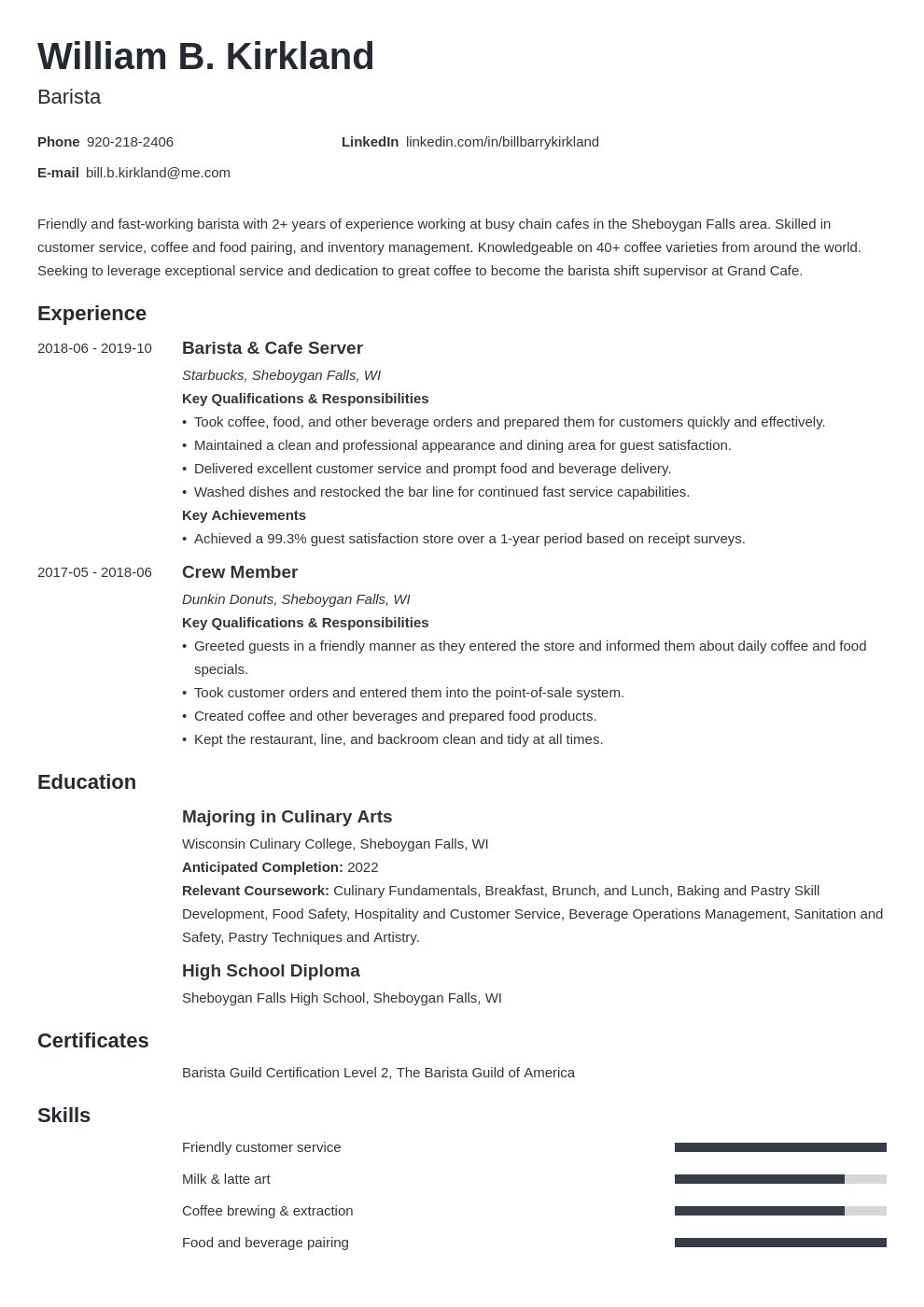 objective on resume barista