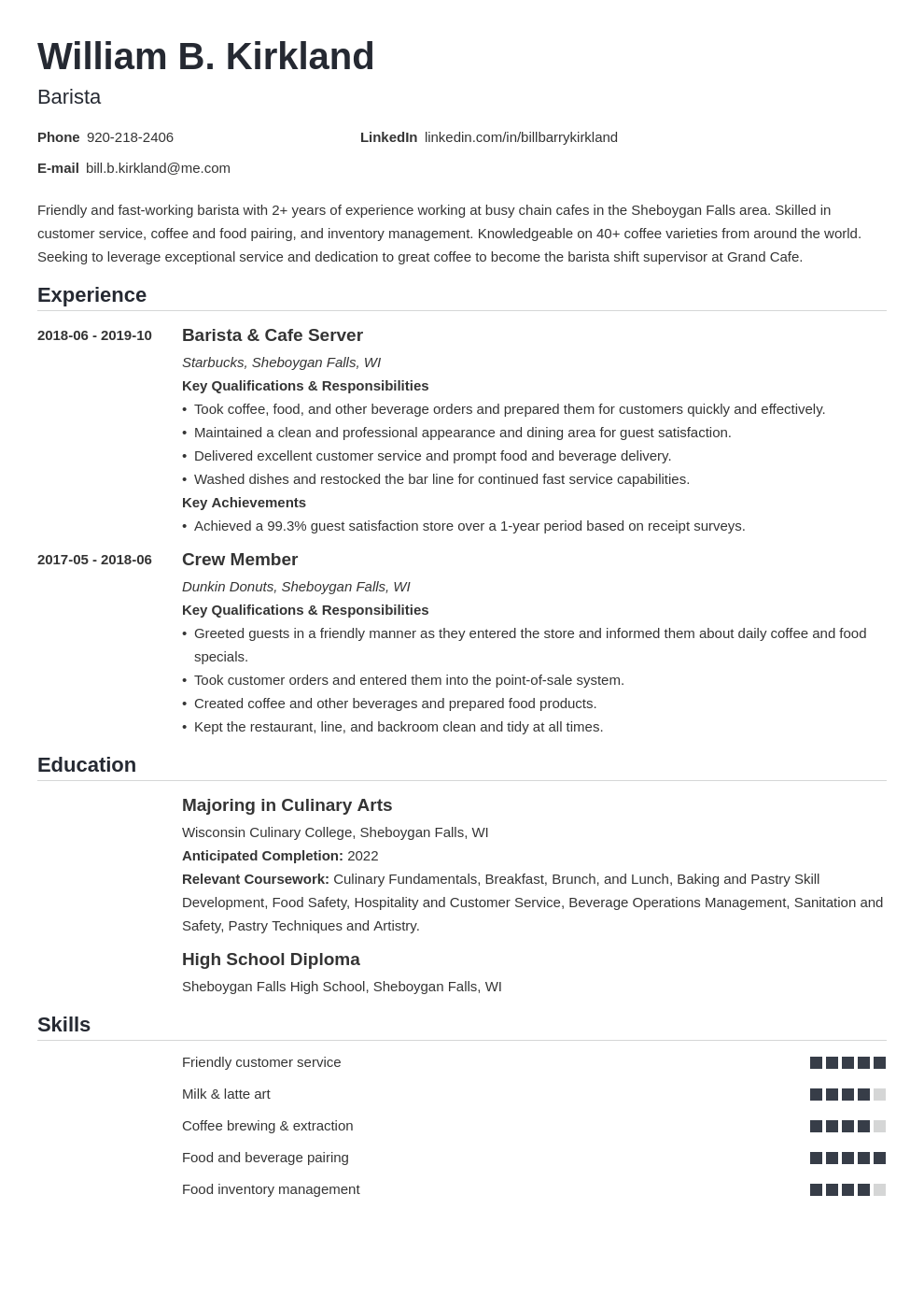 barista summary resume