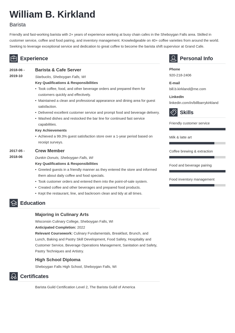 Barista Resume: 20  Examples of Job Descriptions Skills