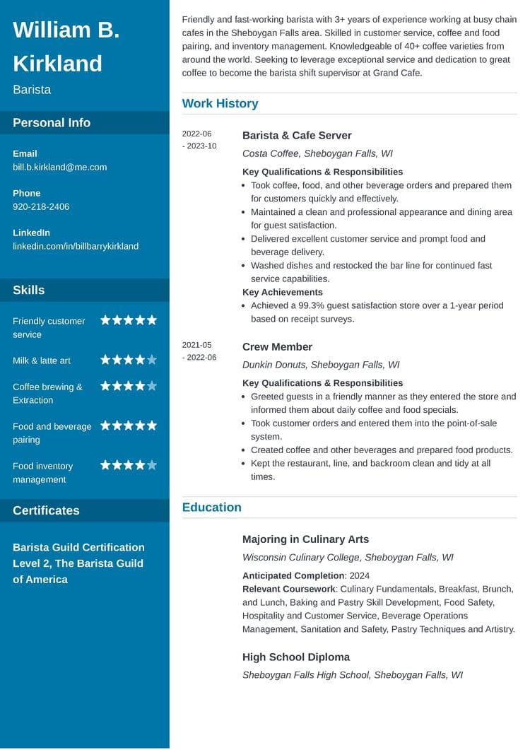 cascade barista resume template