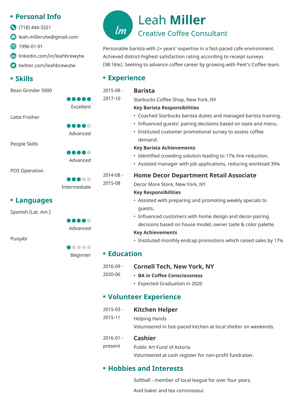 Barista Resume: 20+ Examples of Job Descriptions & Skills