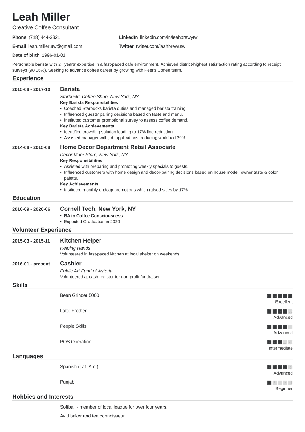 resume for barista job no experience
