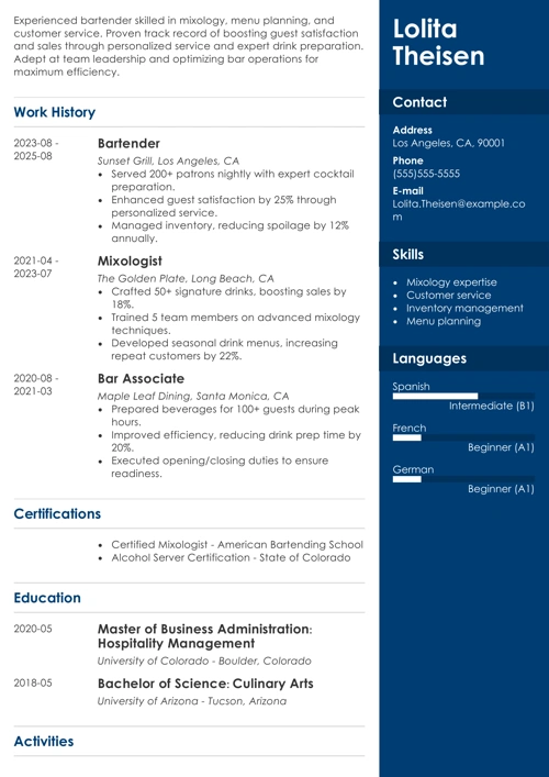 bartender resume templates