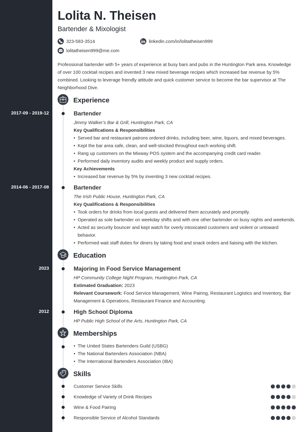 bartender resume template concept