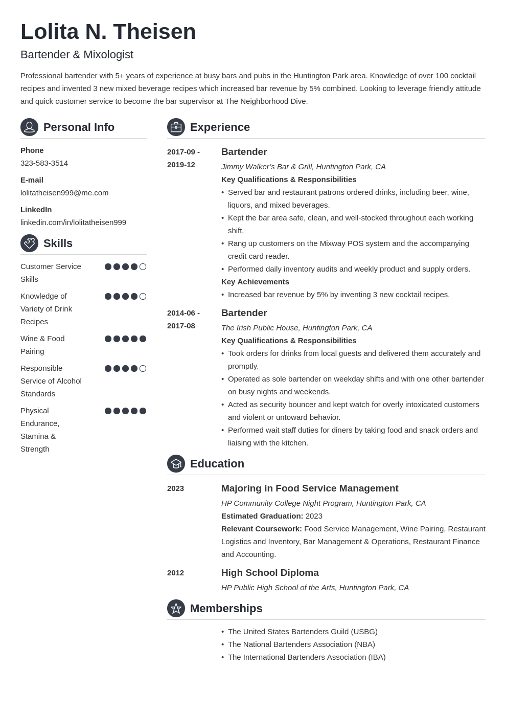 resume sample bartender