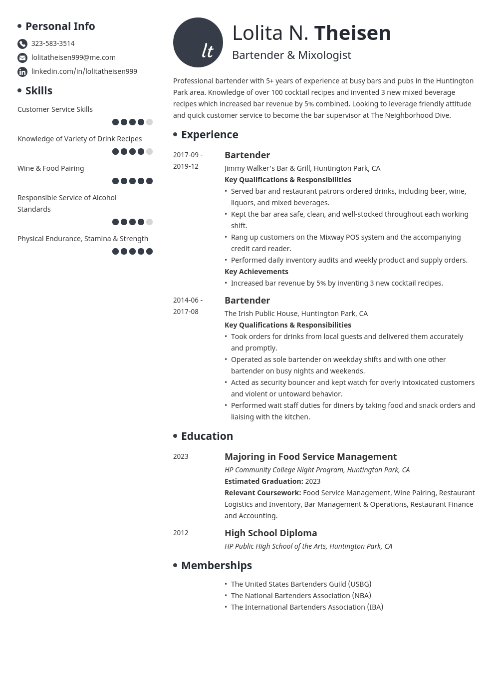 Bartending Resume Template   Bartender Resume Template Initials 