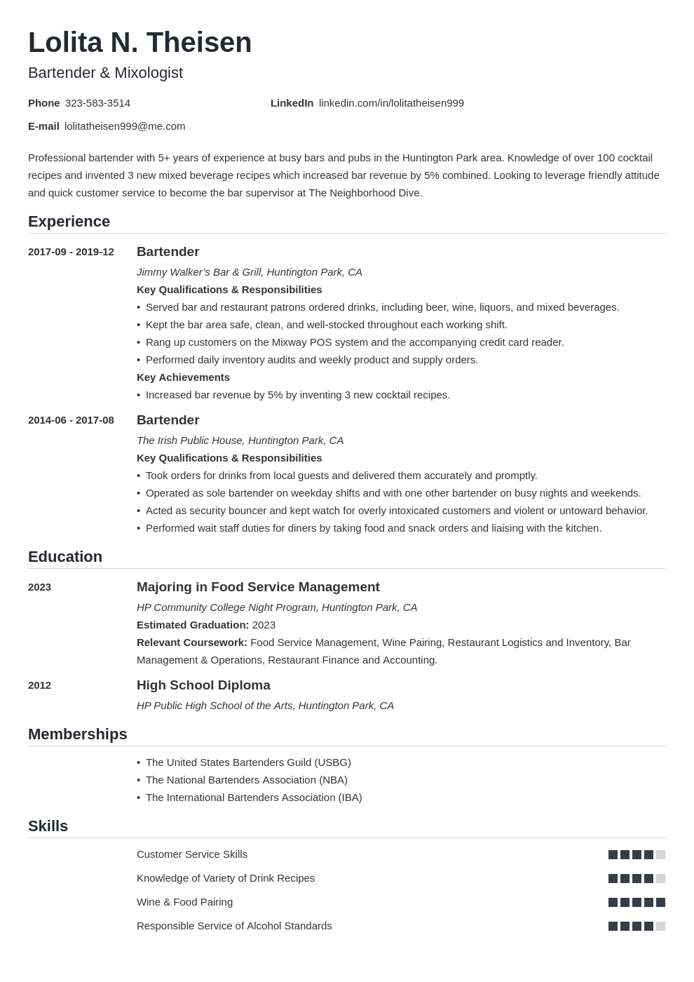 entry level bartender resume