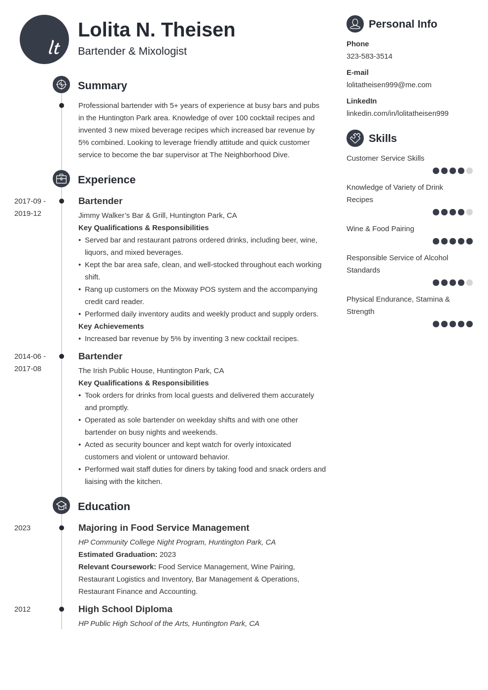 skills for a bartender resume