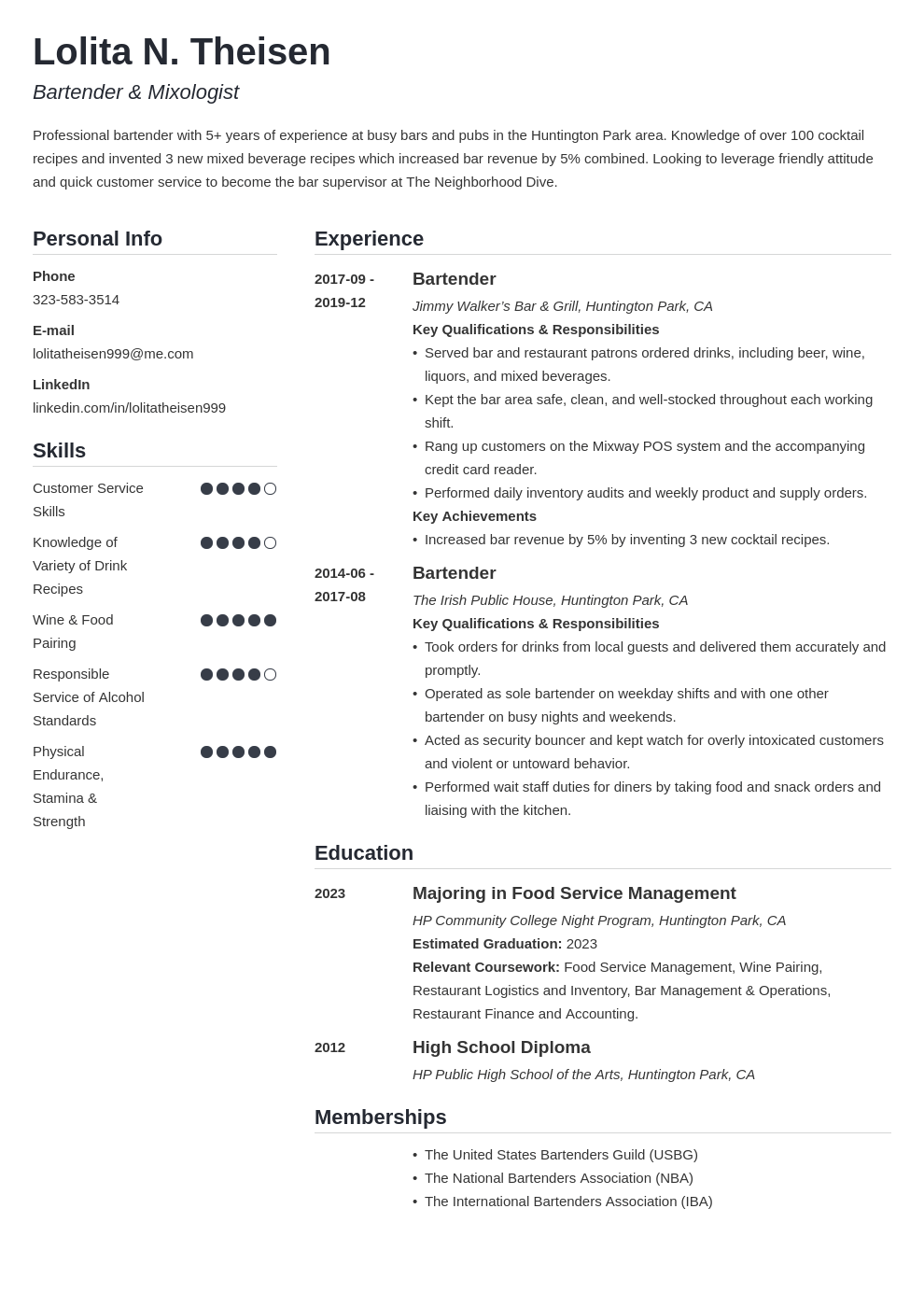 craft cocktail bartender resume