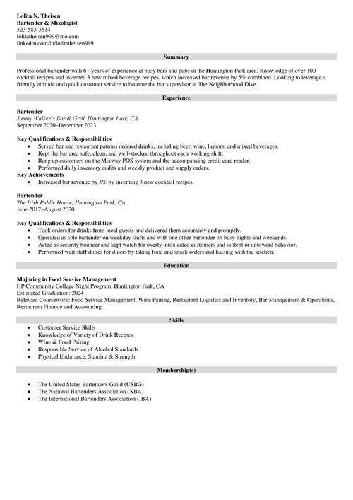 Bartender Resume Example 