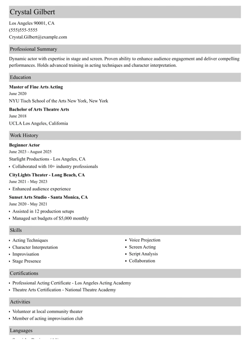 beginner acting resume example