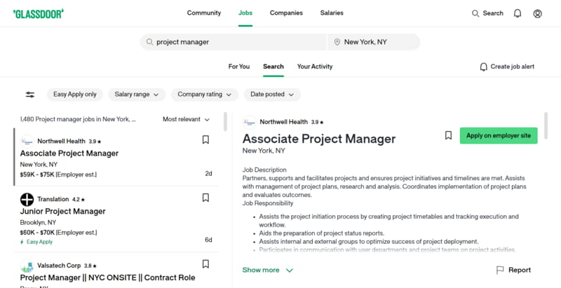 glassdoor job search results