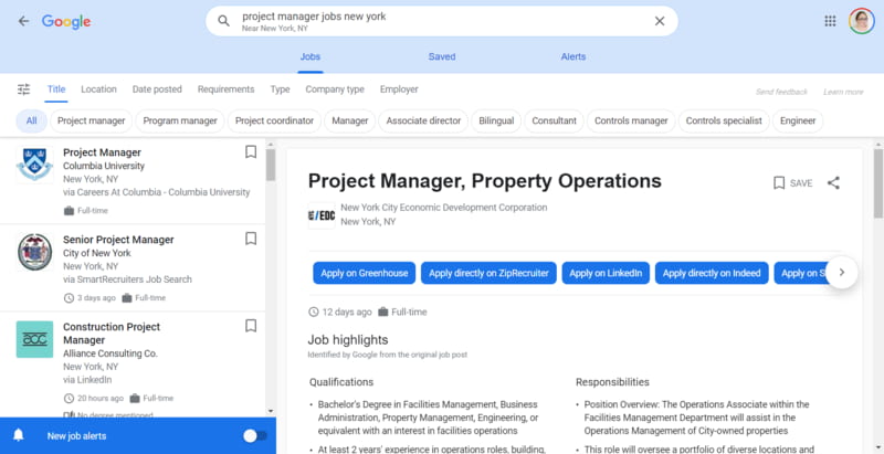 google for jobs showing in search results