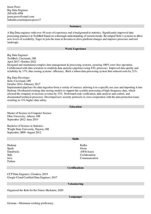 Big Data Resume How To Guide With Sample Key Skills