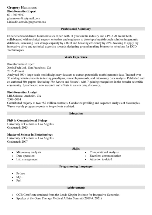 bioinformatics resume example