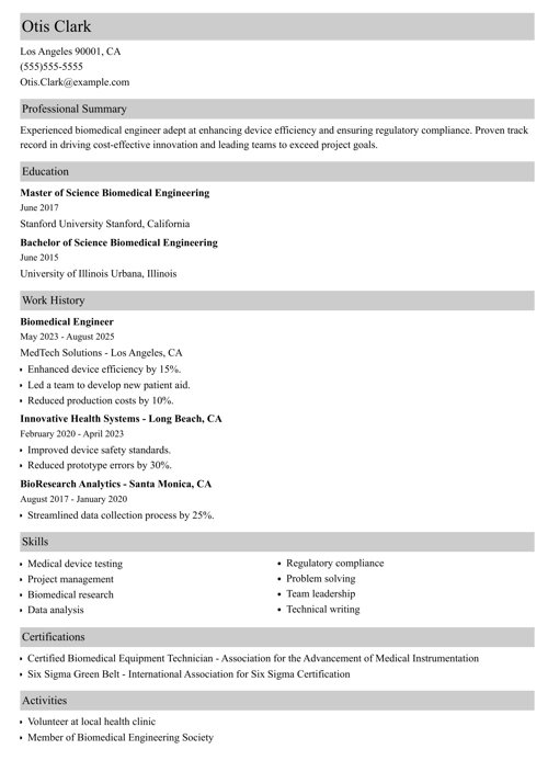 biomedical engineering resume example