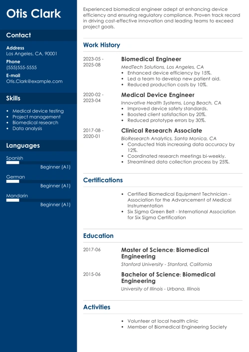 biomedical engineering resume example