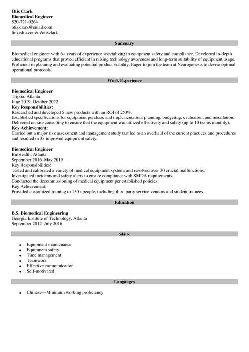 biomedical engineering resume example