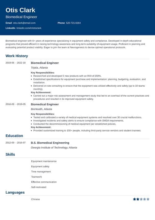 biomedical engineering resume example