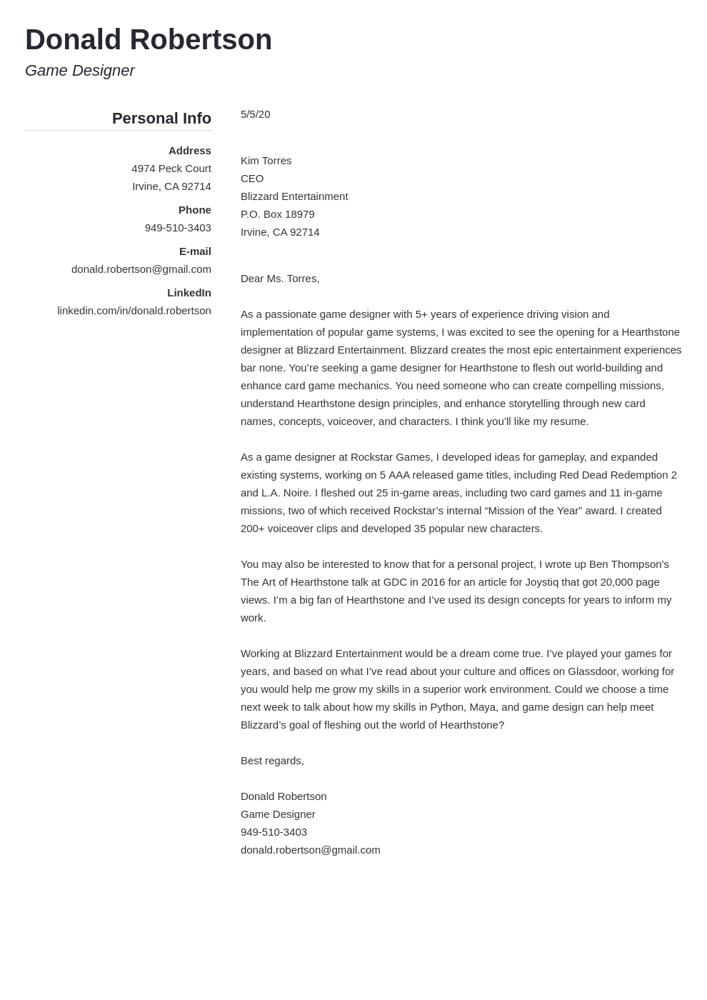 Blizzard Cover Letter Examples & Writing Guide