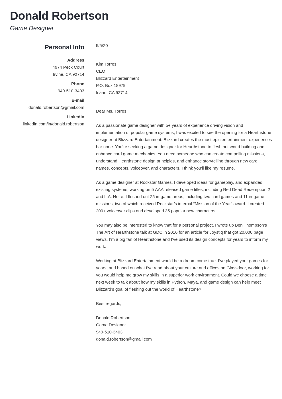 Game Programmer Cover Letter Example