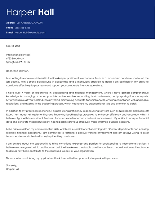 Bookkeeper Cover Letter: Sample, Format, & Writing Guide