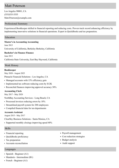 bookkeeper resume example