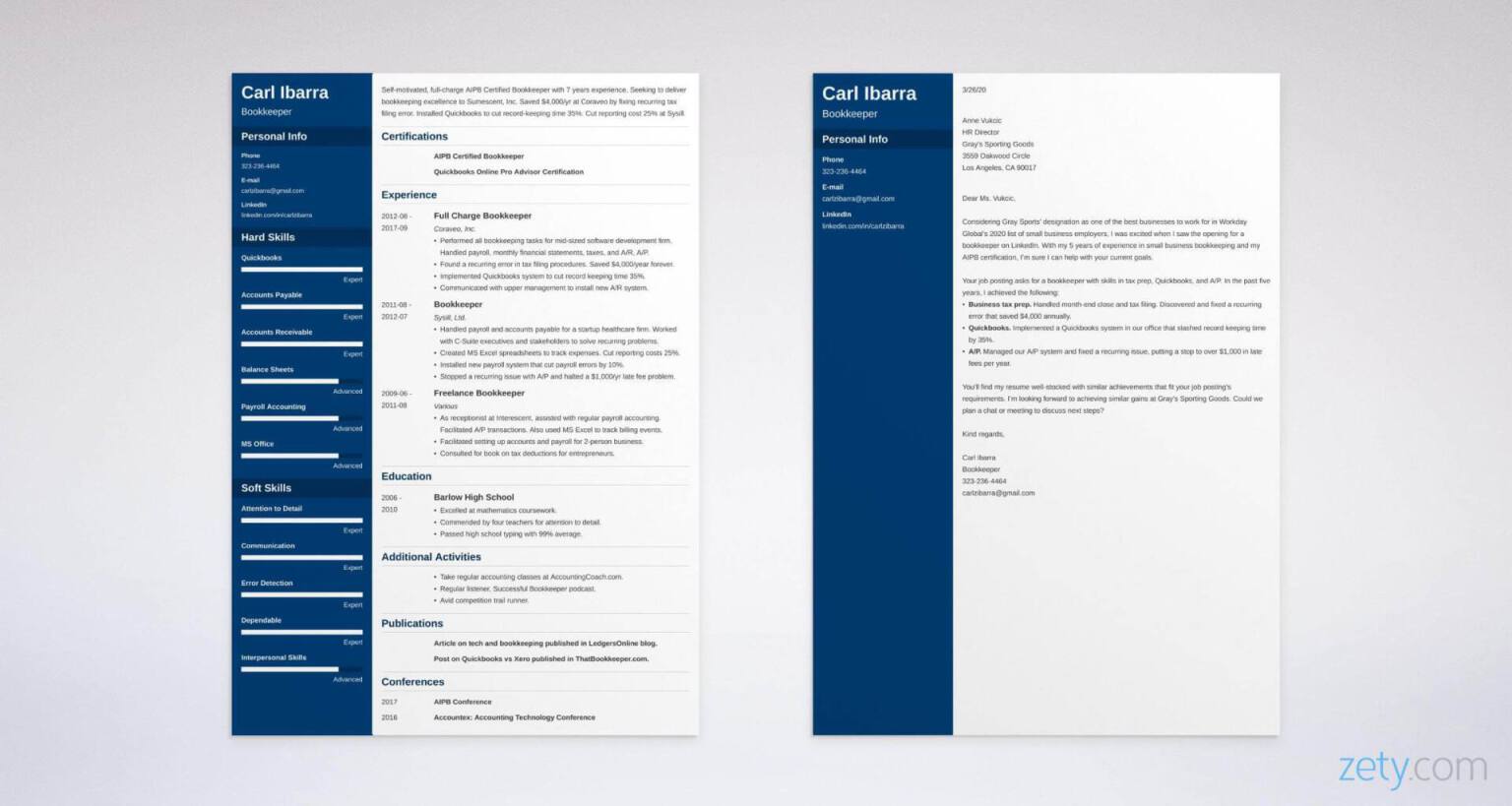 bookkeeper resume and cover letter set