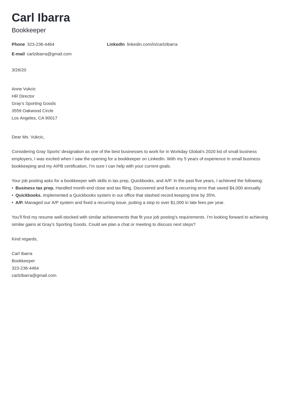 bookkeeper cover letter template
