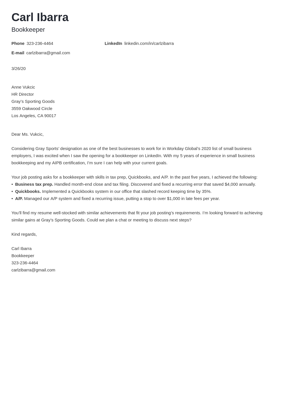 sample cover letter for bookkeeper position