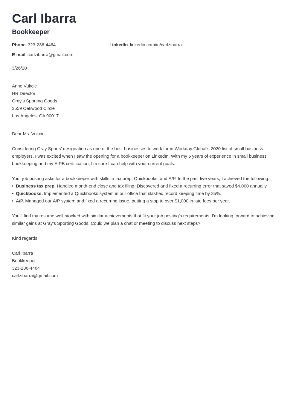 sample cover letter of a bookkeeper