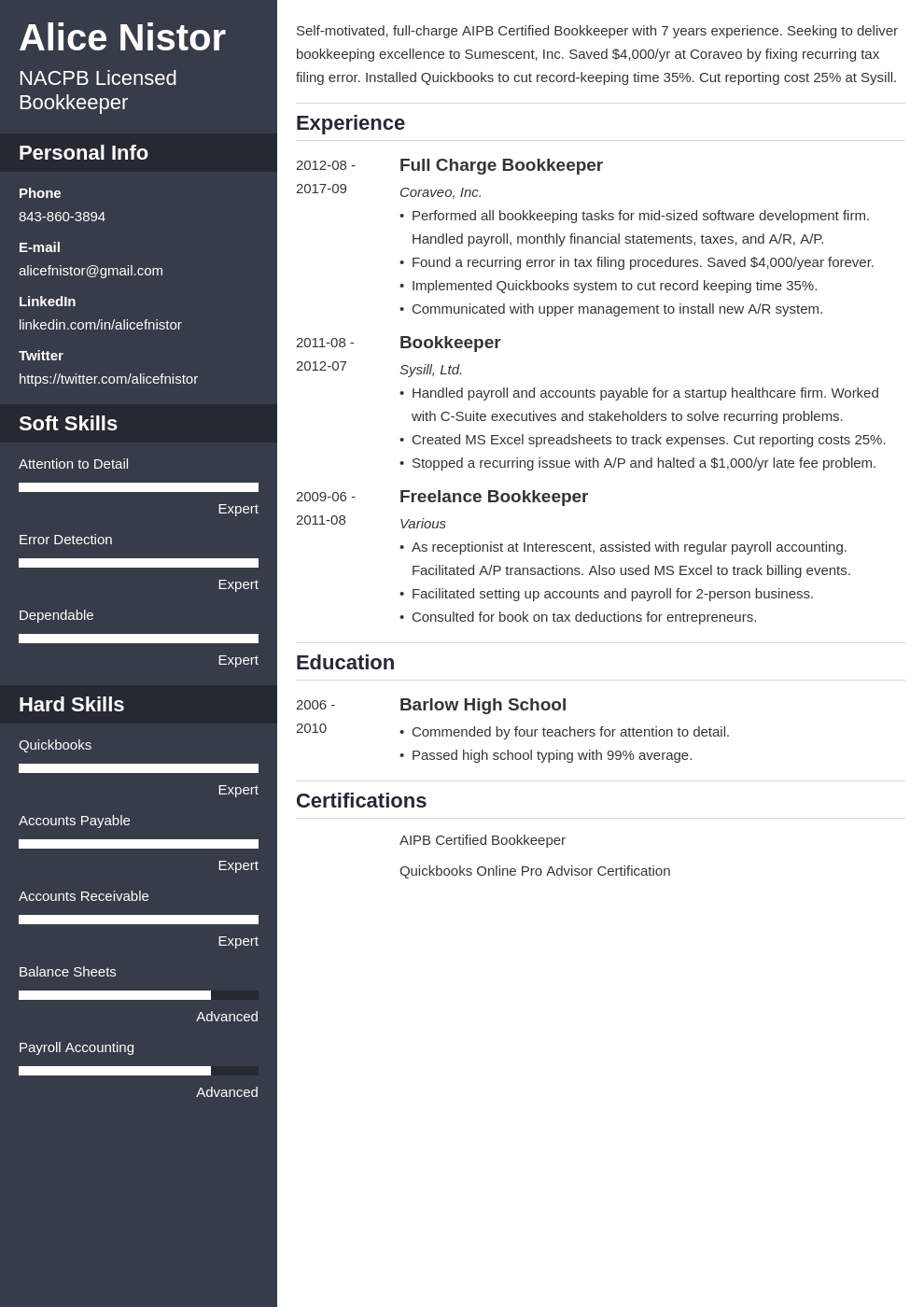 bookkeeper resume example template cascade