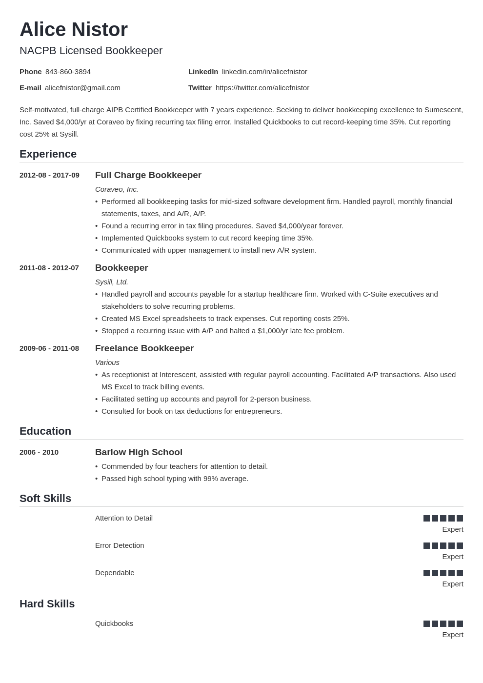 Bookkeeper Resume Samples Skills Template for 2024