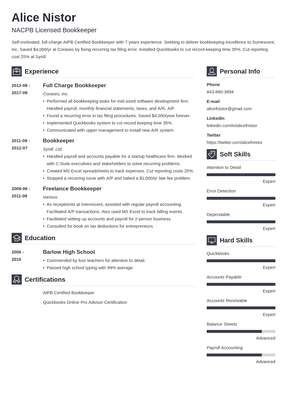 bookkeeper resume example template vibes