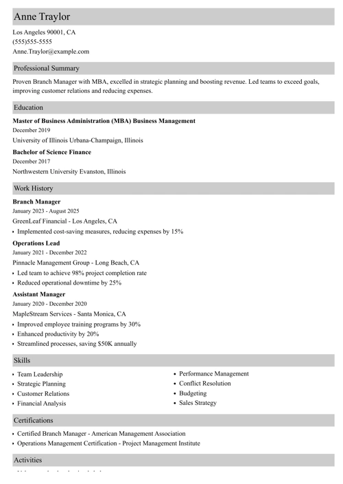 branch manager resume example