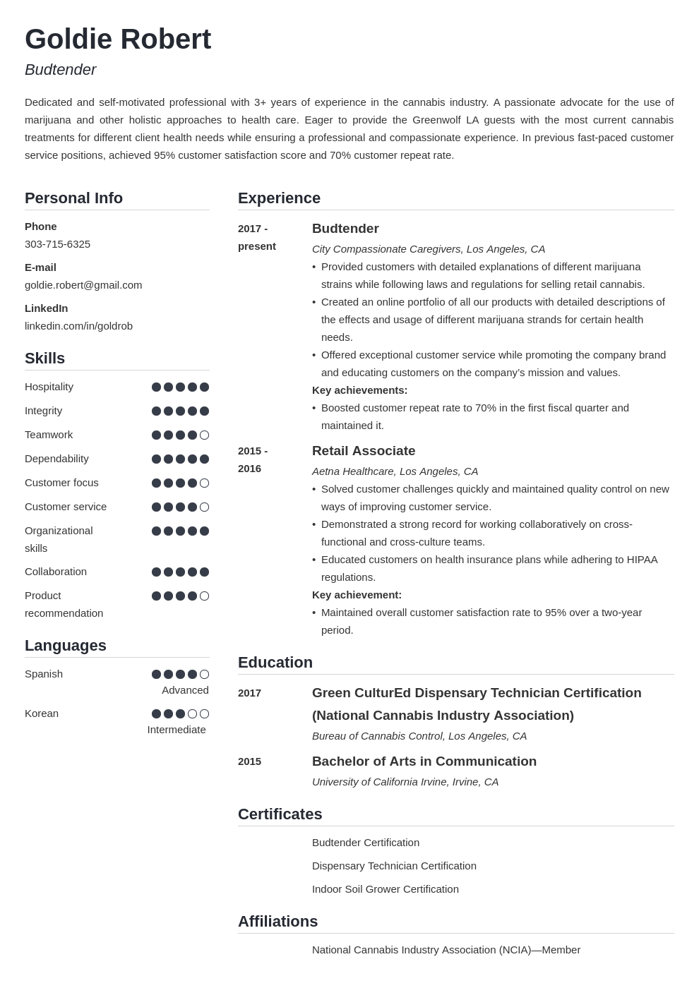 budtender resume example template simple