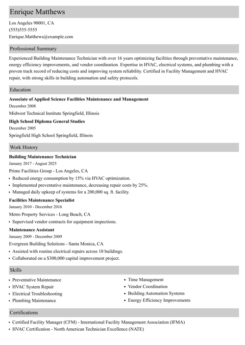 building maintenance resume example