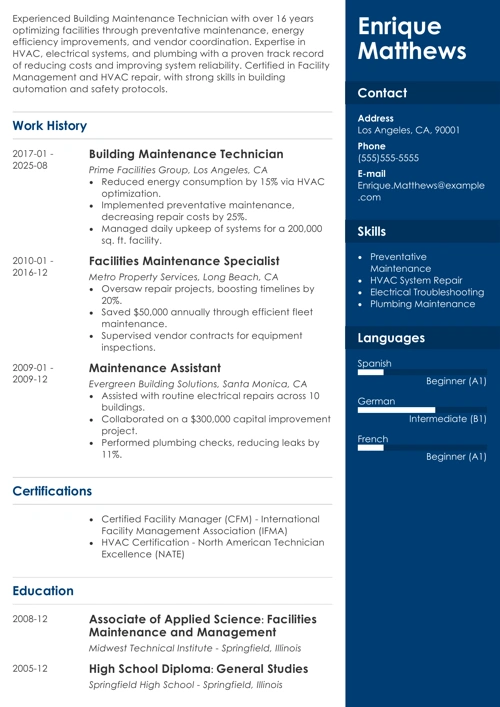 building maintenance resume example