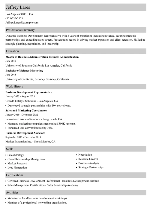 business development representative resume example