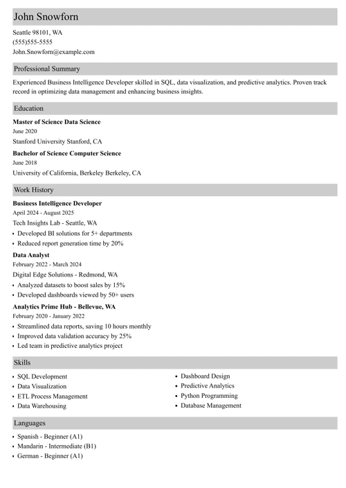 business intelligence resume example