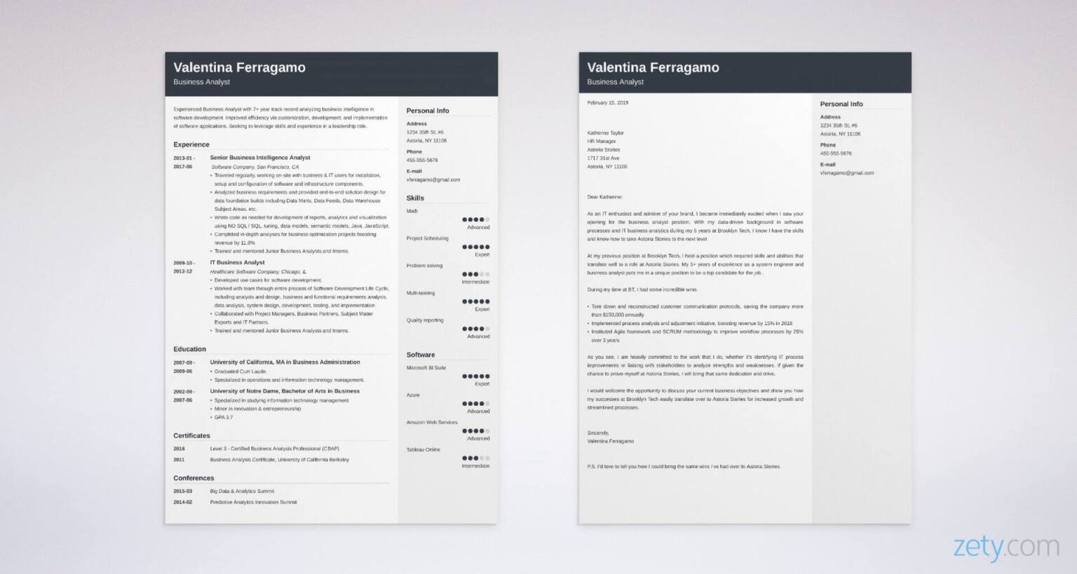 business analyst resume and cover letter set