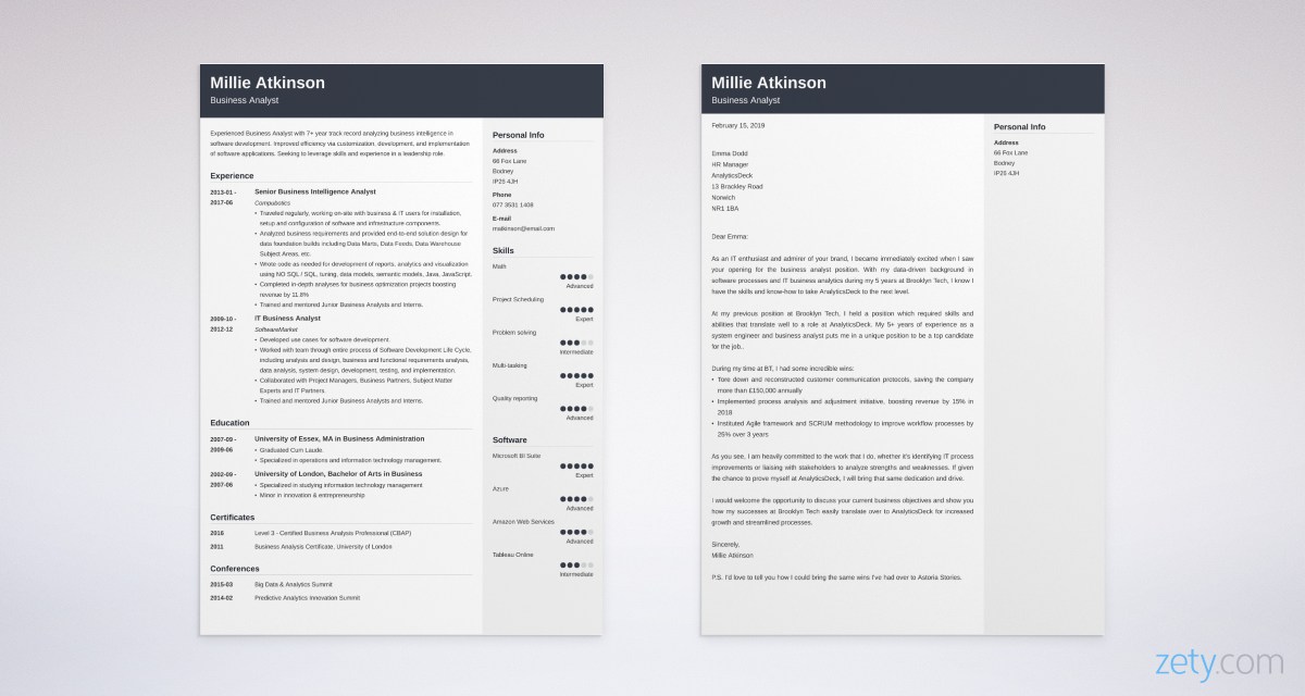 business analyst CV and cover letter set