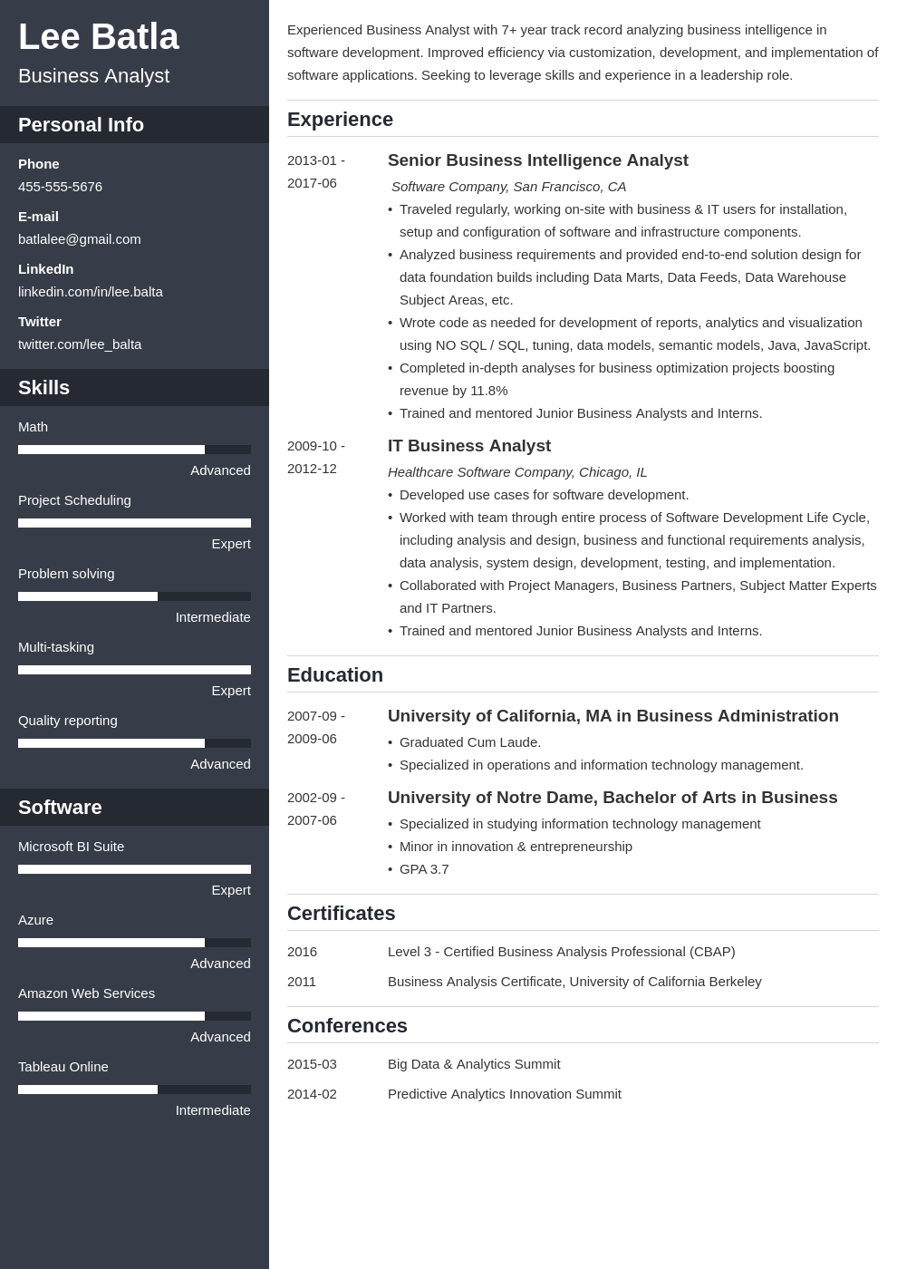 business analyst resume katalon studio