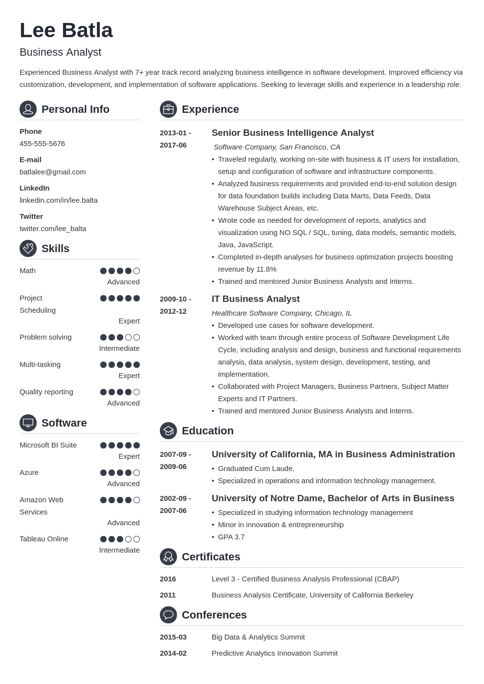 Business Analyst Resume Sample Complete Guide 20 Examples