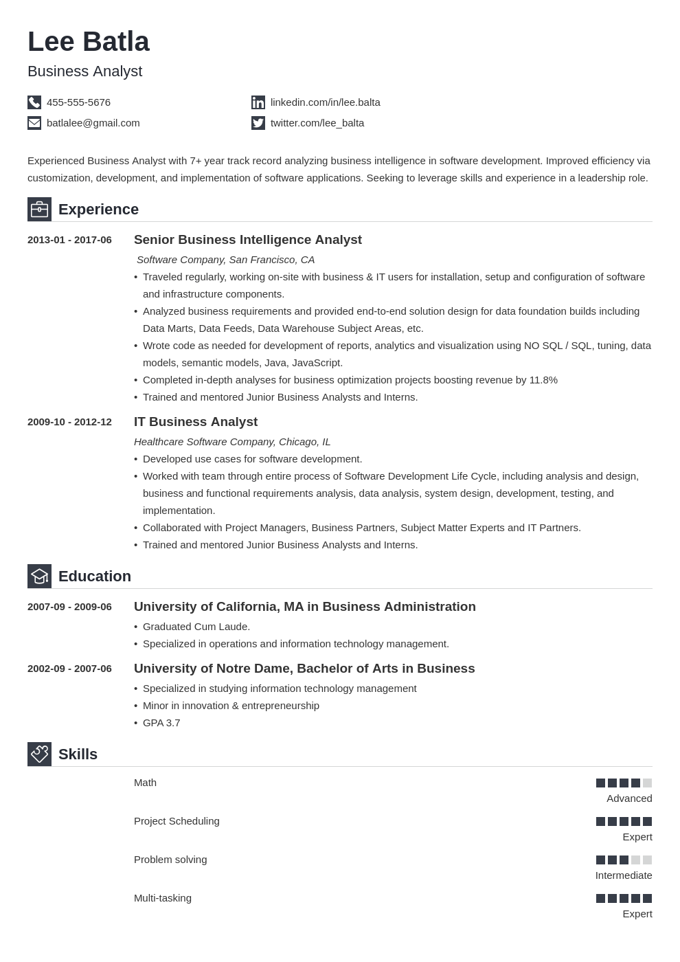 Business Analyst Resume Samples Summary Examples