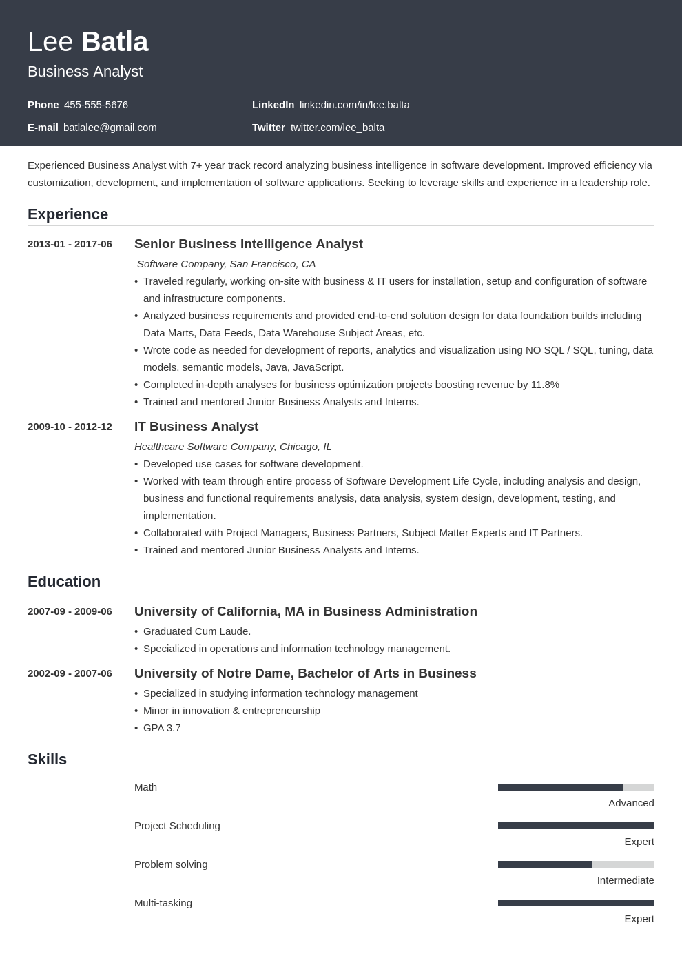 Business Analyst Resume Sample Complete Guide 20 Examples