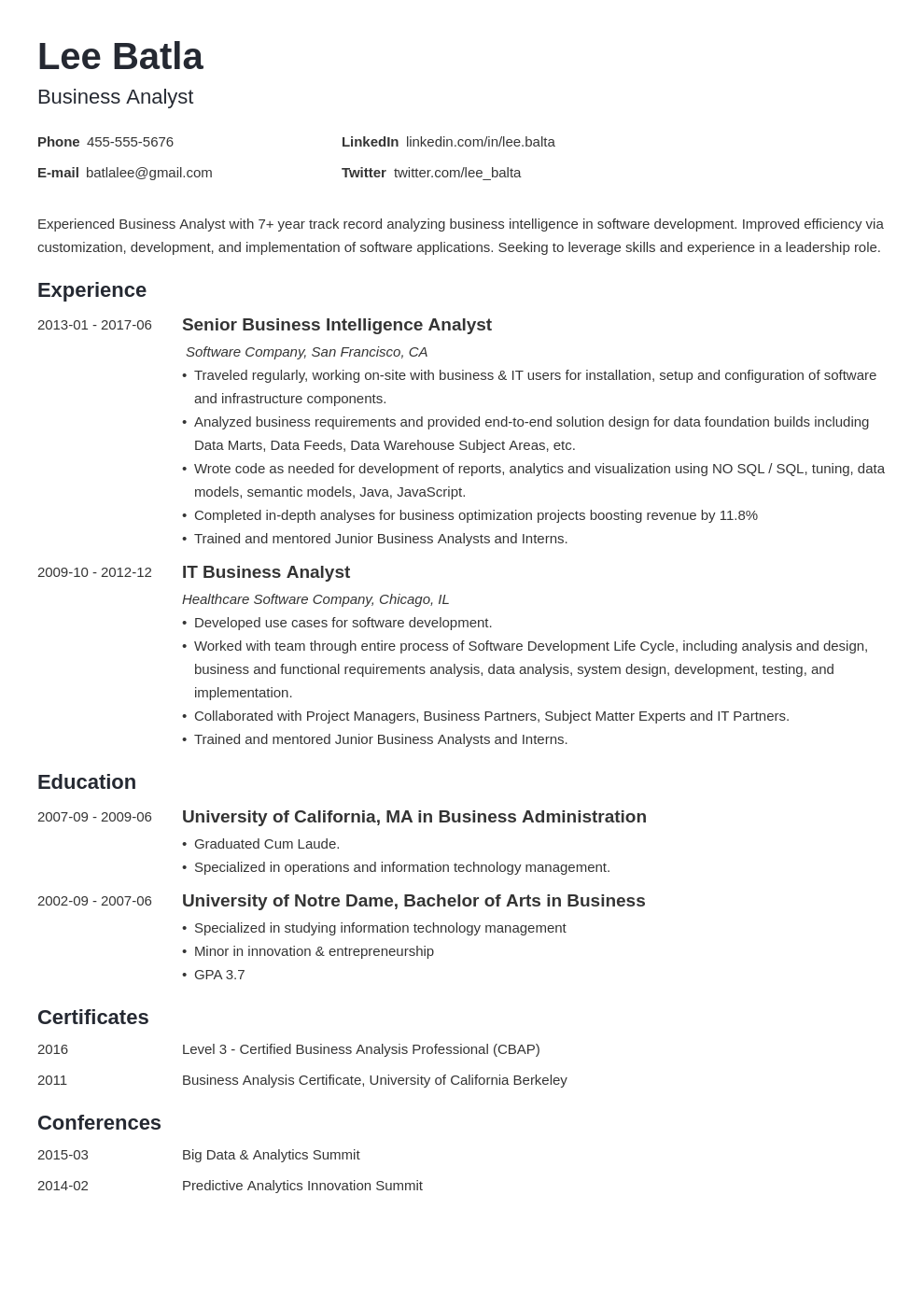 business analyst resume template minimo