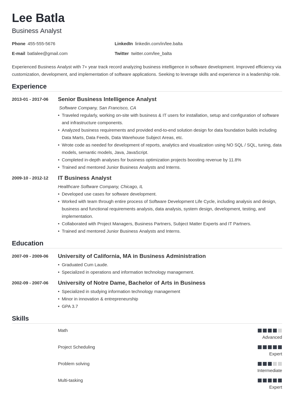 key skills business analyst resume